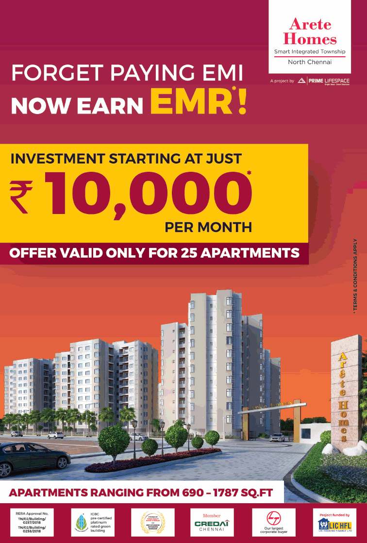 Investments @ just Rs 10000 per month at Prime Arete Homes in Chennai